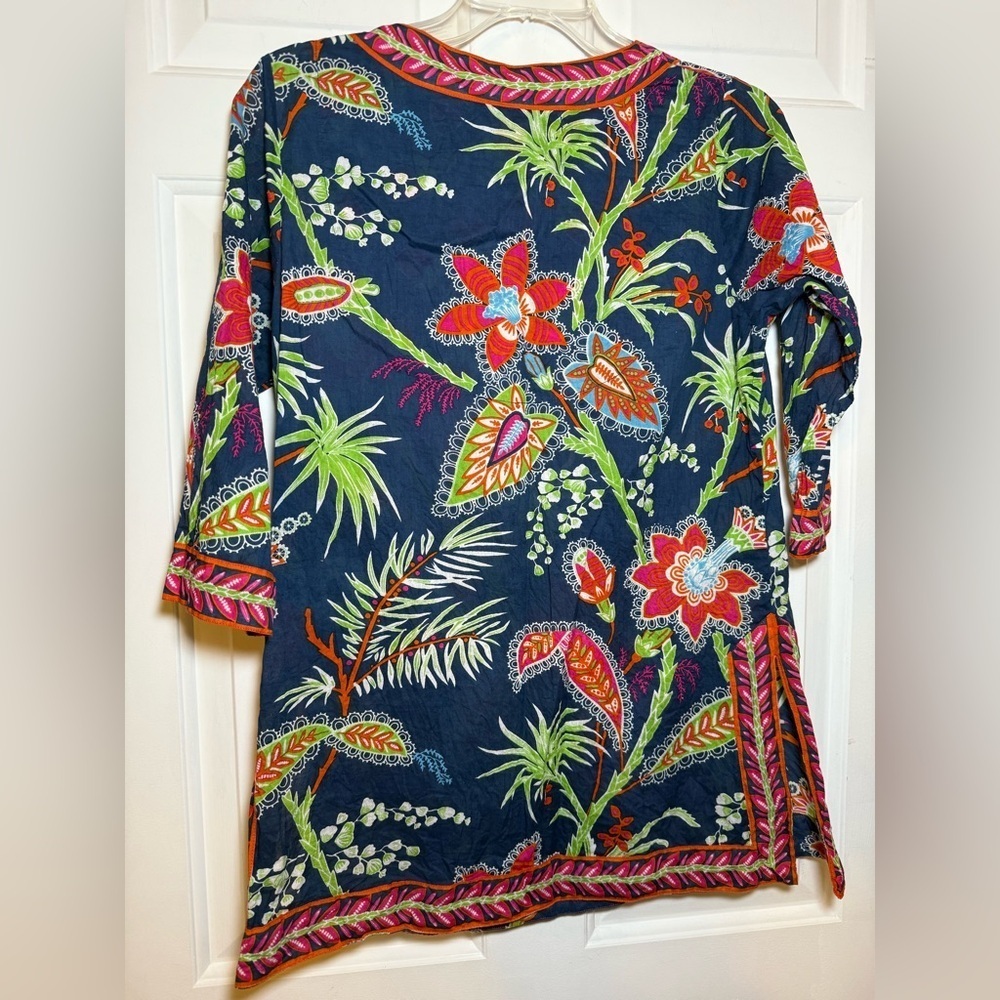 Gretchen Scott SMALL Princess Print Blouse Tunic Floral V Neck Navy Orange BOHO - Picture 6 of 7